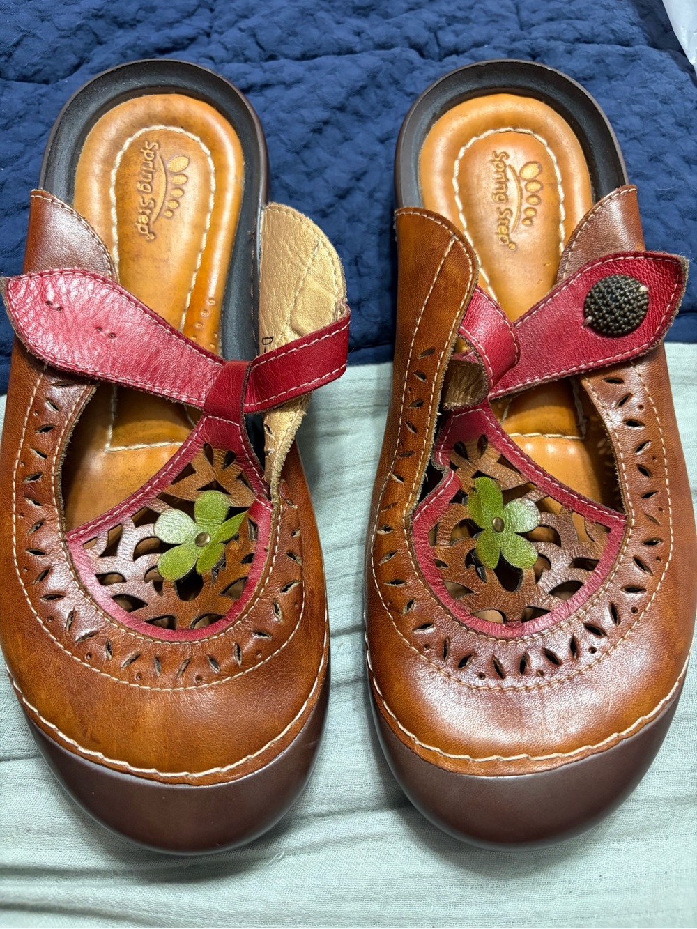 Spring Step Brown Leather Slip-On Clogs with Red Accents and Green Floral Detail